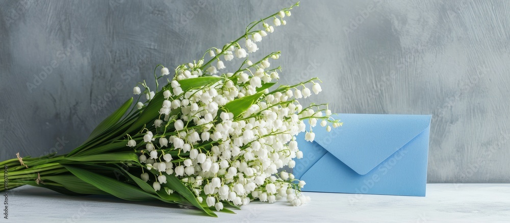 Aufkleber A bouquet of lilies of the valley accompanied by a blue envelope on a white table. with copy space image. Place for adding text or design