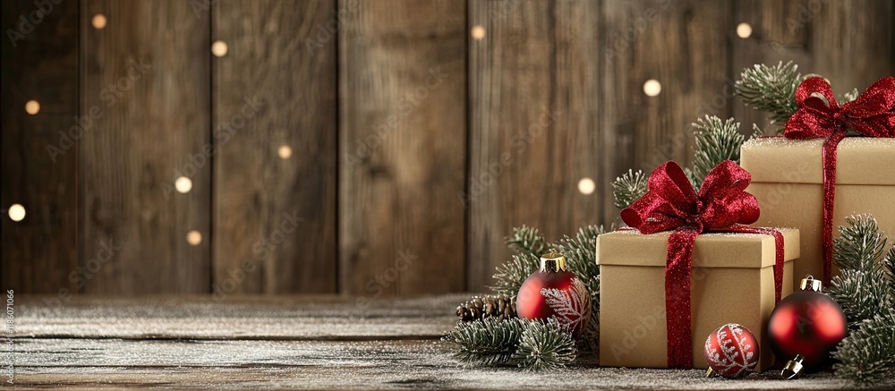 Poster christmas collection featuring gifts and decorative ornaments on a wooden background. with copy spac