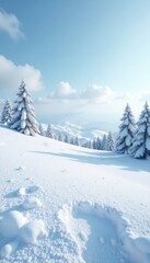 Fototapeta premium A serene snowy field with gentle rolling hills and a vast expanse of untouched white snow, peaceful, snowflakes, field
