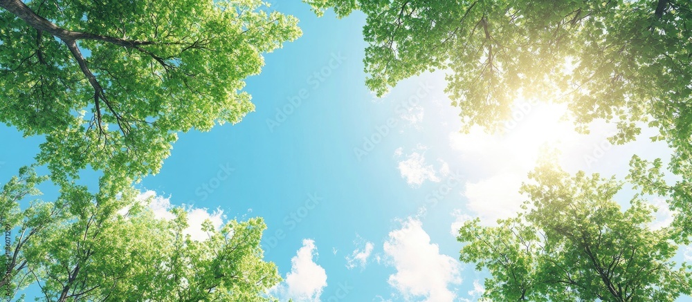 Leinwandbilder The blue sky and green leaves of the trees created a beautiful view in summer. with copy space image. Place for adding text or design