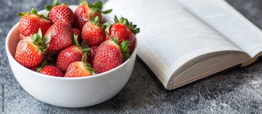 Poster Bowl of fresh strawberries alongside a white recipe book. with copy space image. Place for adding text or design