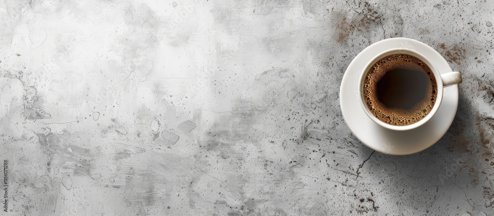 Poster Top view of coffee in a white cup and saucer on a concrete table. with copy space image. Place for adding text or design