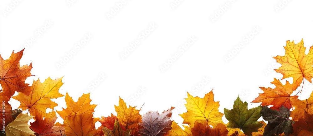 Poster border frame of vibrant autumn leaves set against a white background. with copy space image. place f