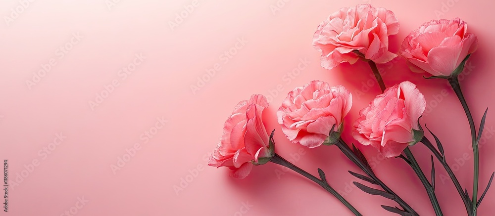 Poster fresh carnations on the pink paper Mother s Day banner. with copy space image. Place for adding text or design