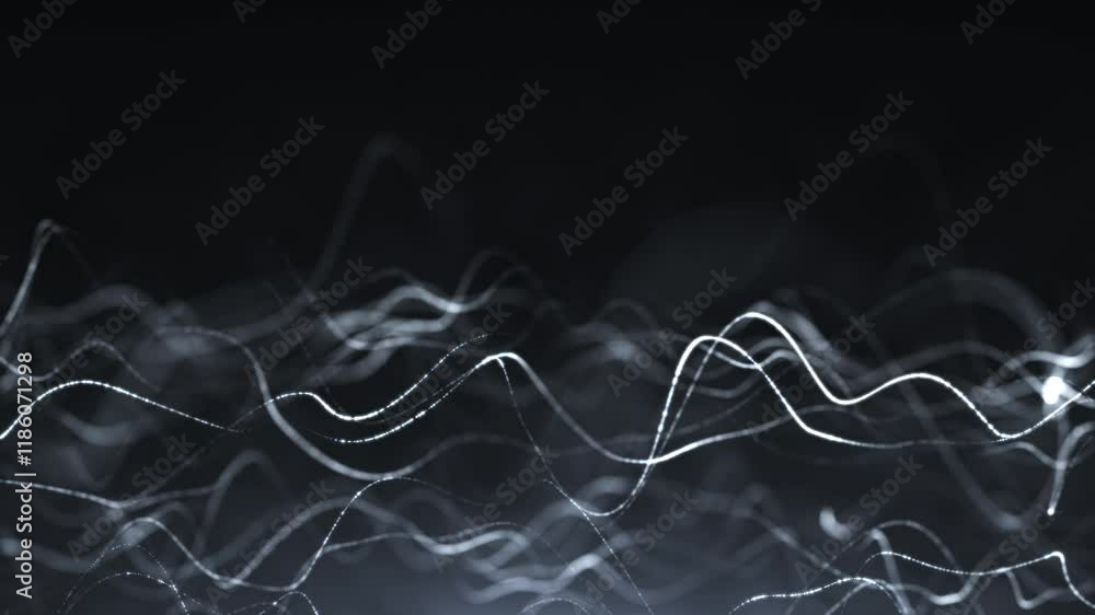 Poster abstract glowing wave from of particles and dots moves on a blue background, big data visualization,
