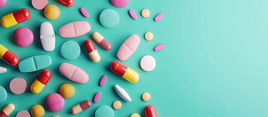 Pharmaceutical pills top view of various colorful pills Set against an isolated green background with copy space for text Design concept for a pharmacy and health care banner Tablets capsules and a 
