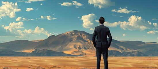 Back view of a businessman with hands in pockets in front of a desert backdrop. with copy space image. Place for adding text or design