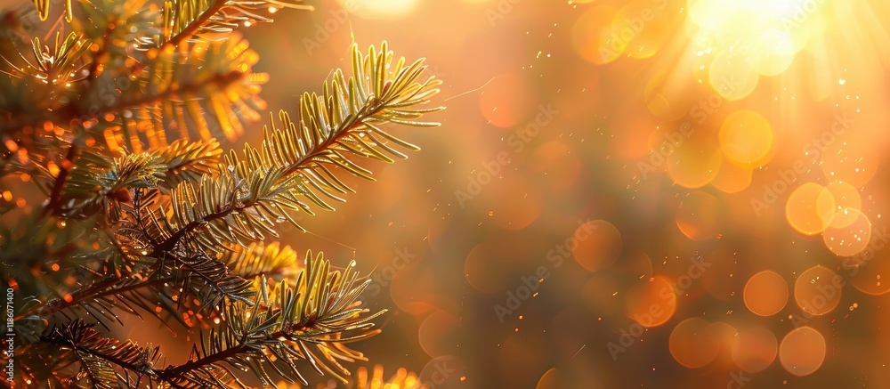 Aufkleber yellow and orange needle leaves on a pine branch with backlighting. with copy space image. place for