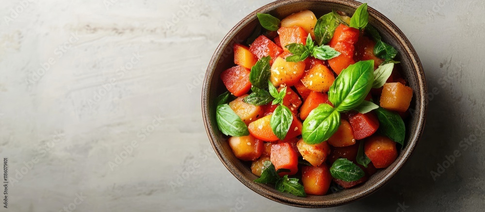 Leinwandbilder korean catot snack salad in a bowl garnished with basil leaves. with copy space image. place for add