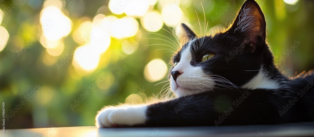Poster close up of a black and white cat relaxing on a table with green nature providing copy space for tex