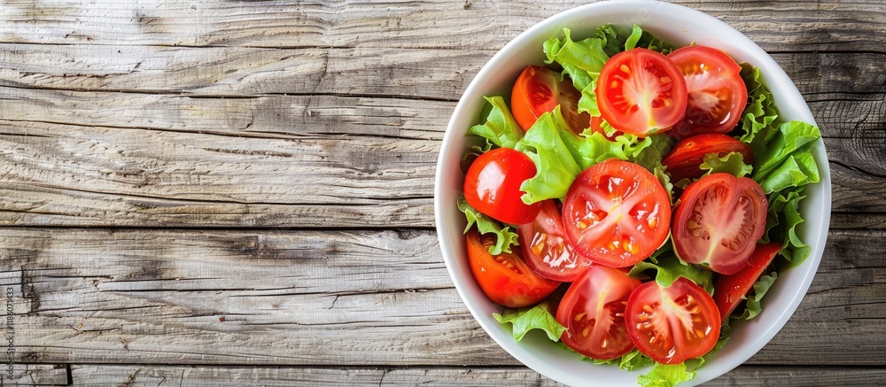 Poster close up of a healthy salad featuring tomatoes in a vintage bowl on a rustic wooden surface top view