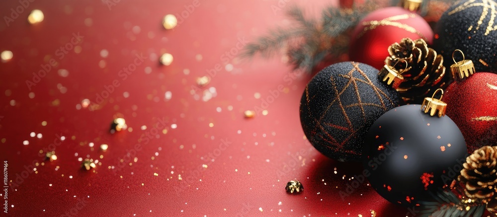 Poster Christmas greeting card featuring New Year balls and decorations conveying a Merry Christmas and Happy New Year theme. with copy space image. Place for adding text or design