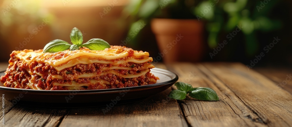 Leinwandbilder close up of lasagne pasta on a wooden table for an italian food image. with copy space image. place 