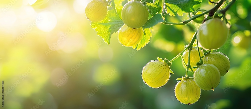Poster star gooseberry on a tree in the morning light close up with copy space for text concept of organic 