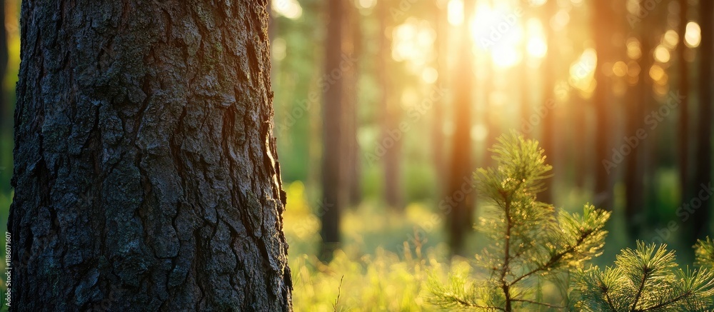 Poster a lovely tree trunk in the woods the evening sun illuminates a fir forest highlighting a small pine 