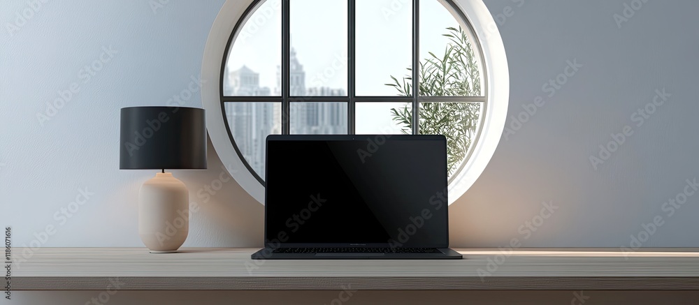 Poster Plain black laptop screen in a contemporary room featuring a round window and lamp mockup. with copy space image. Place for adding text or design