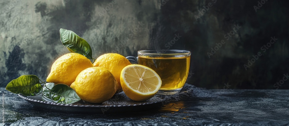 Poster fresh ripe lemons with water droplets and a cup of herbal tea containing a lemon slice placed on a b