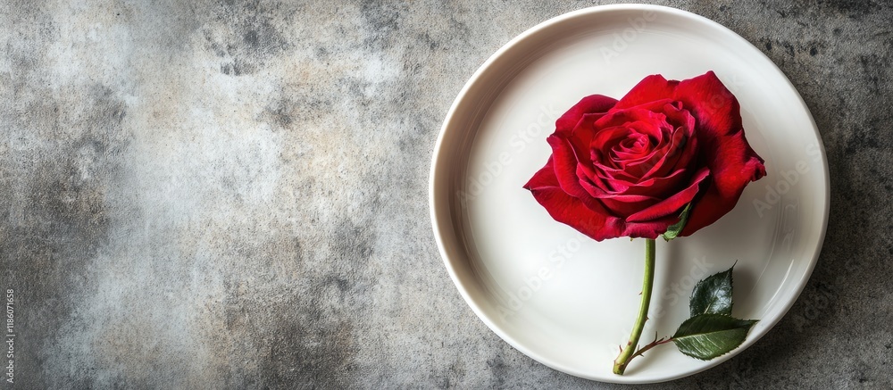 Poster rose flower on a plate against a concrete background. with copy space image. Place for adding text or design