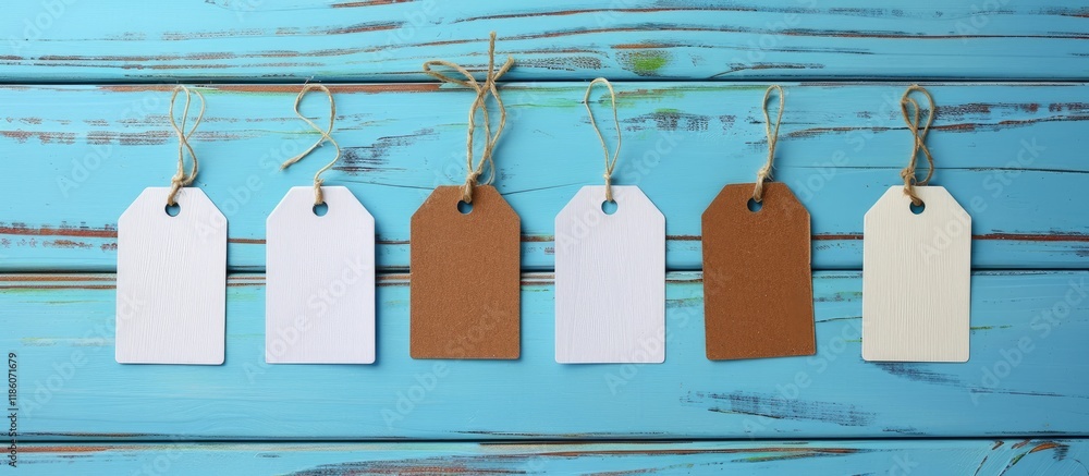 Poster White and brown blank price tags or labels arranged on a blue wooden background top view. with copy space image. Place for adding text or design