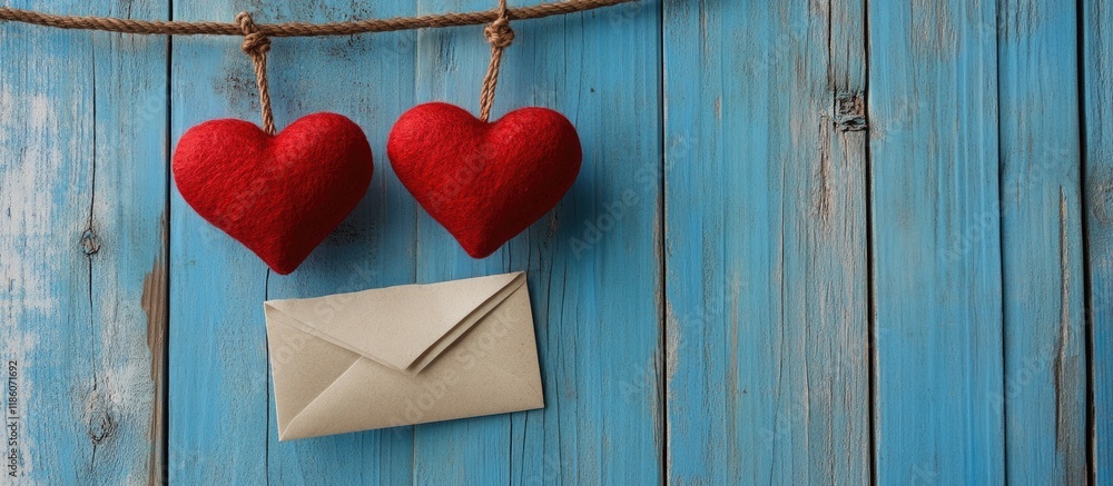 Poster Two red hearts and an envelope are suspended from a rope against a blue wooden backdrop. with copy space image. Place for adding text or design