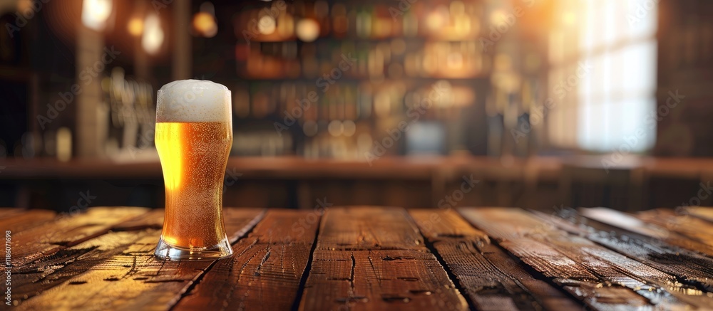 Poster deliberately blurred image of a beer glass on a wooden pub table. with copy space image. place for a