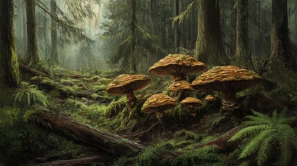 Obraz premium Lush Forest Scene Featuring Vibrant Mushrooms Amidst Greenery