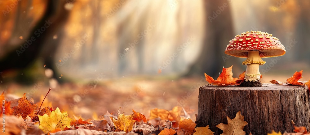 Poster autumn theme small mushrooms among brown leaves by a tree stump. with copy space image. place for ad