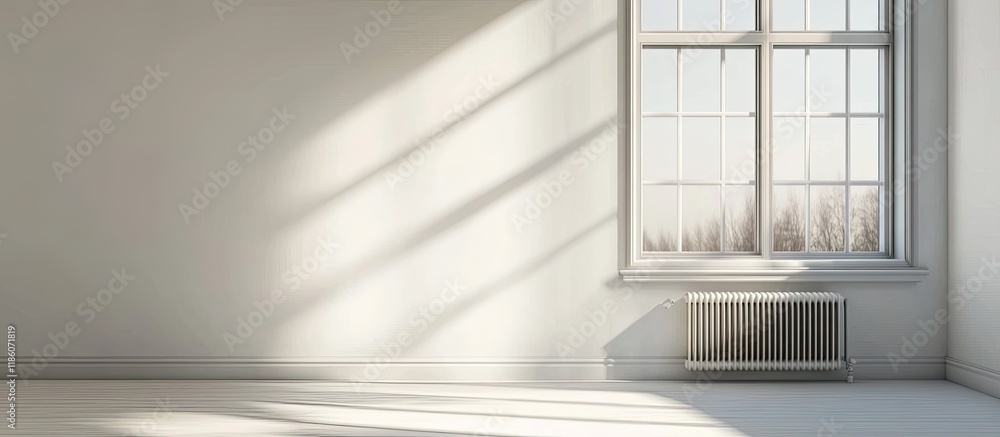 Poster plastic window and radiator on a white wall in a bright empty room at home. with copy space image. p