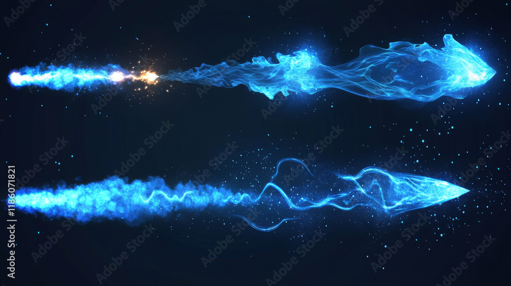 Poster blue fire trails of jet or rocket flight isolated on transparent background. jetpack or spaceship la