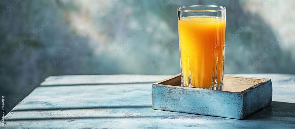 Poster a glass of fresh healthy peach smoothie or juice is placed in a wooden box on a light blue concrete 
