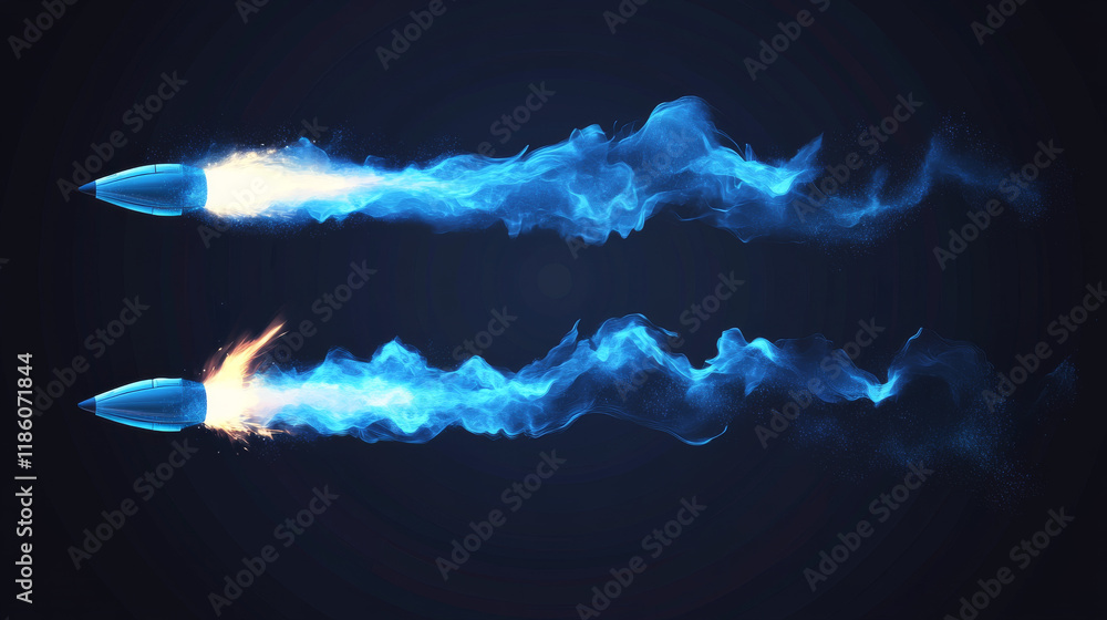 Poster blue fire trails of jet or rocket flight isolated on transparent background. jetpack or spaceship la