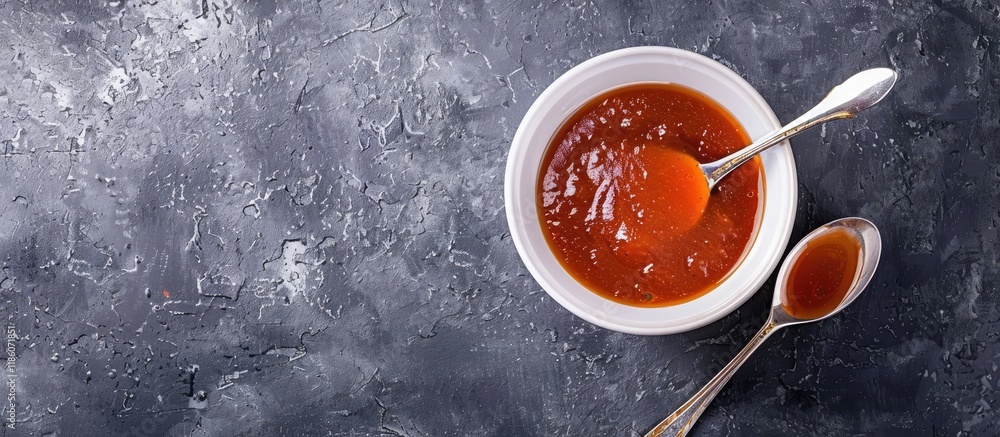Poster bowl of sauce with a spoon top view with copy space