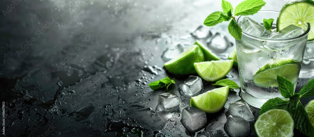 Aufkleber refreshing soda drink with ice cubes lime slices and mint on a black table banner layout with space 
