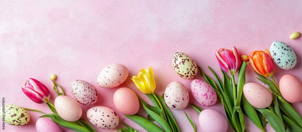 Leinwandbilder home decor for the holiday easter background featuring eggs and tulips on a pink surface top view fl