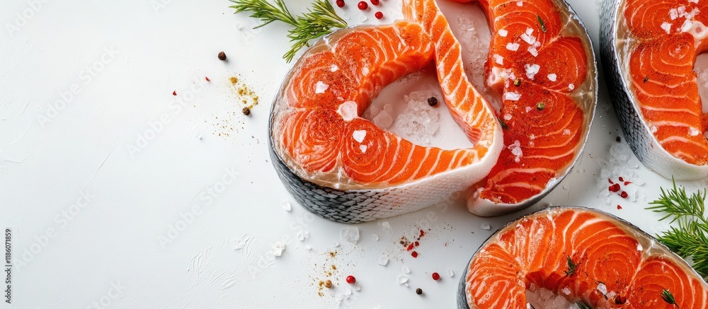 Poster a collection of fresh raw salmon steaks seasoned red fish slices with salt and spices on a white tab