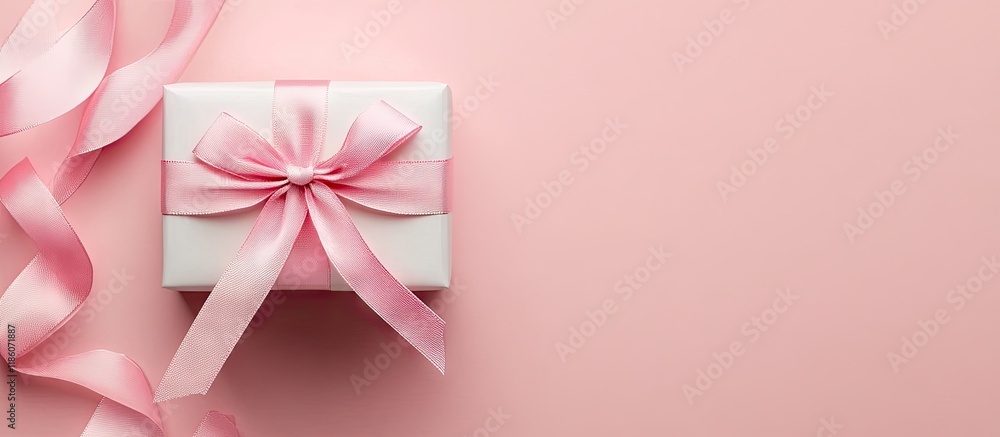 Poster Gift box with a pink ribbon set against a pastel pink background Valentine s Day composition Flat lay top view Banner. with copy space image. Place for adding text or design