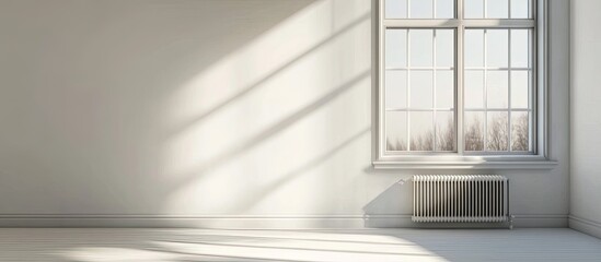 Obraz premium Plastic window and radiator on a white wall in a bright empty room at home. with copy space image. Place for adding text or design