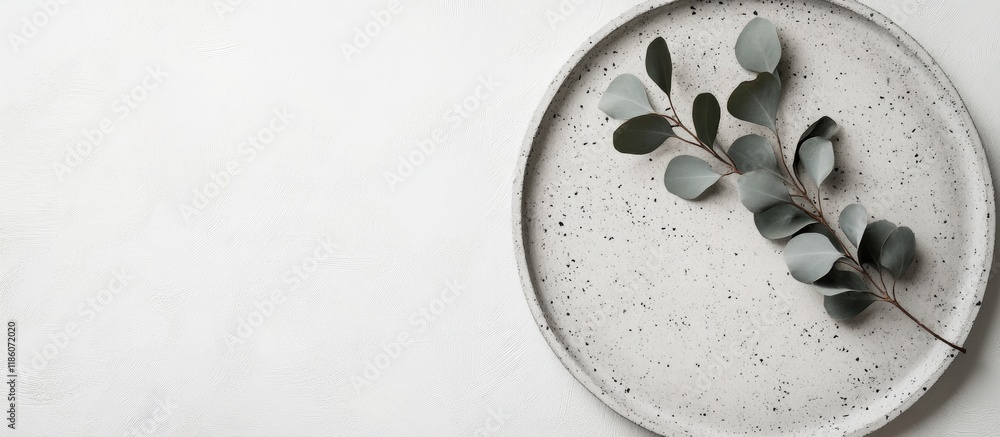 Leinwandbilder Grey concrete plate with eucalyptus on a white background top view mockup. with copy space image. Place for adding text or design