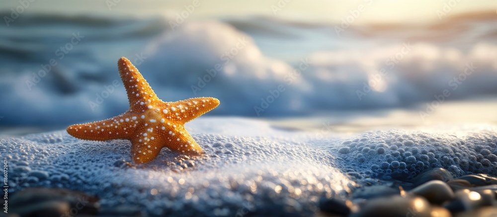 Poster Starfish at the Shore. with copy space image. Place for adding text or design
