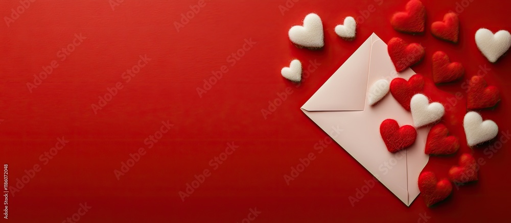 Aufkleber Background for your Valentine s Day greetings an envelope adorned with felt hearts on a red background Top view. with copy space image. Place for adding text or design