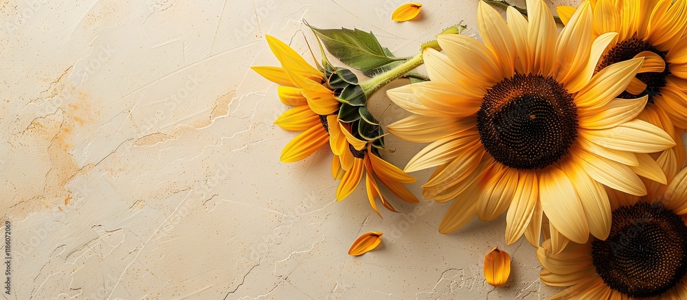 Poster Sunflower heads placed diagonally on a white and brown paper background in close up A lovely card design suitable for any greetings. with copy space image. Place for adding text or design