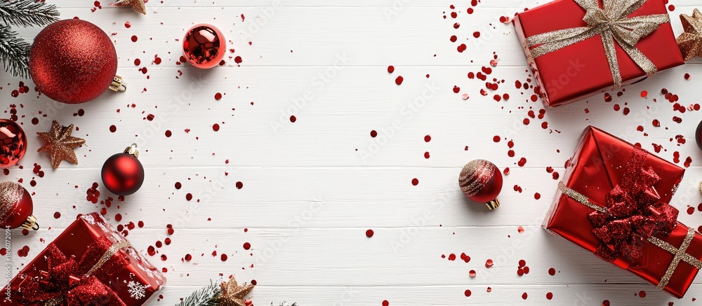 Poster christmas backdrop featuring confetti christmas ornaments and red gift boxes on a white wooden surfa