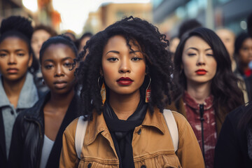 Fototapeta premium AI generated photo of young woman leading a social protest with diverse crowd