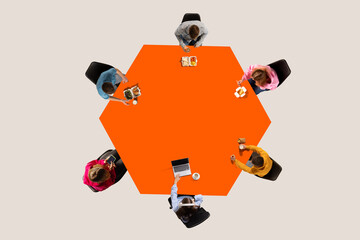 Conceptual graphic design. Orange hexagonal table with six people eating, working, or using...