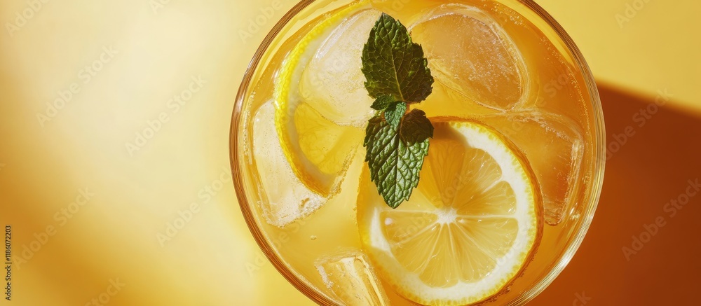 Poster chilled refreshing summer lemonade with ice and lemon slices garnished with mint leaves in a tall gl