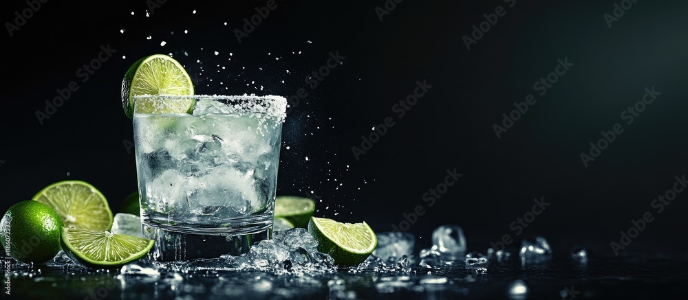 Poster classic margarita cocktail featuring lime salt and ice. with copy space image. place for adding text