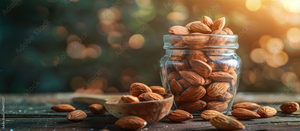 Poster almonds in a wooden spoon on a table background almonds in a glass jar selective focus. with copy sp