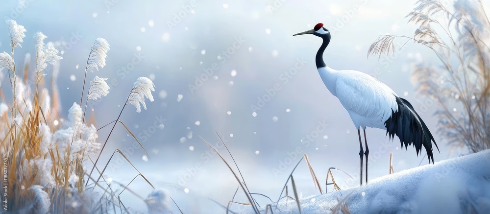 Poster Birdwatching for red crowned cranes during winter. with copy space image. Place for adding text or design