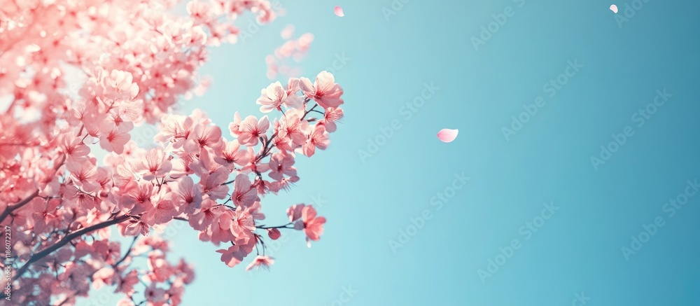 Poster fruit tree blossoms set against a clear blue sky for backgrounds. with copy space image. place for a