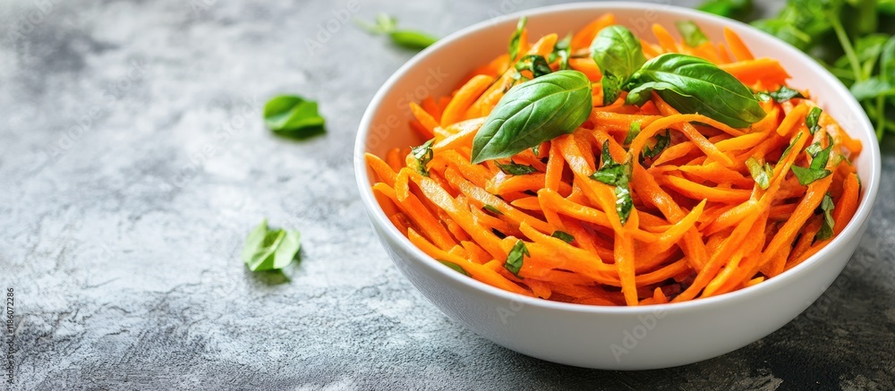 Poster Carrot salad with basil in a white bowl on a stone or concrete surface Selective focus close up copyspace